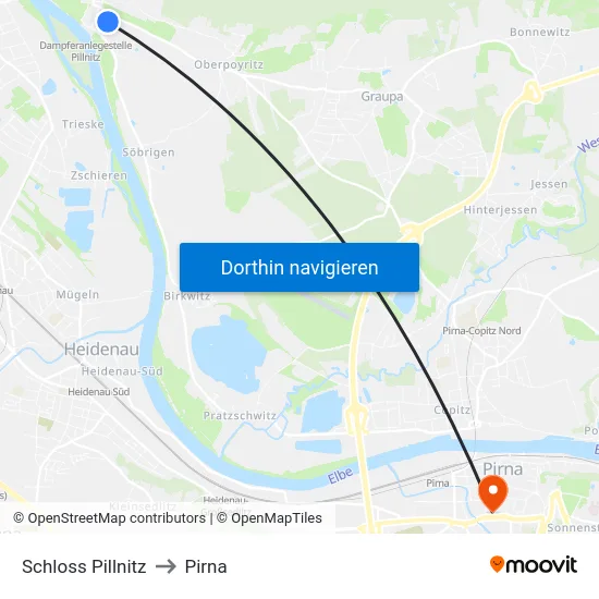 Schloss Pillnitz to Pirna map
