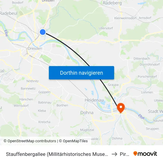 Stauffenbergallee (Millitärhistorisches Museum) to Pirna map