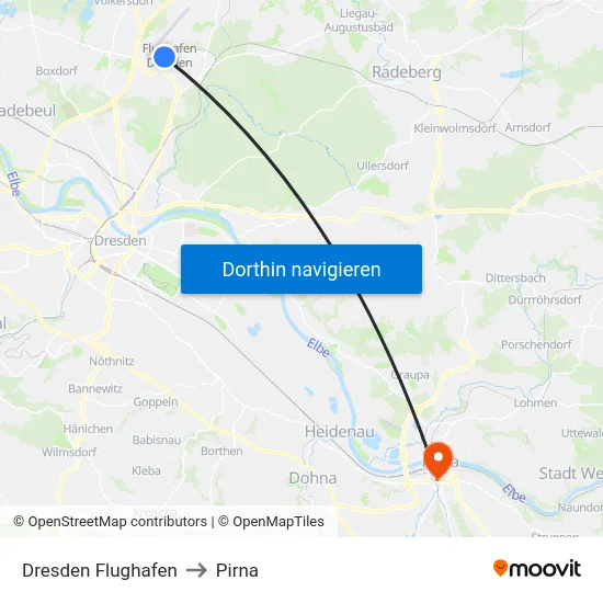 Dresden Flughafen to Pirna map