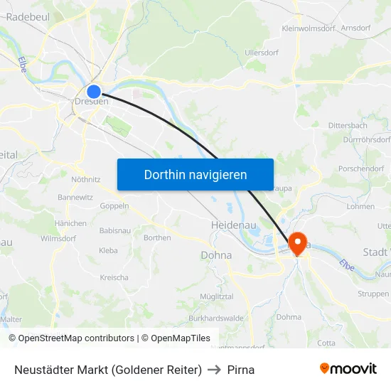 Neustädter Markt (Goldener Reiter) to Pirna map