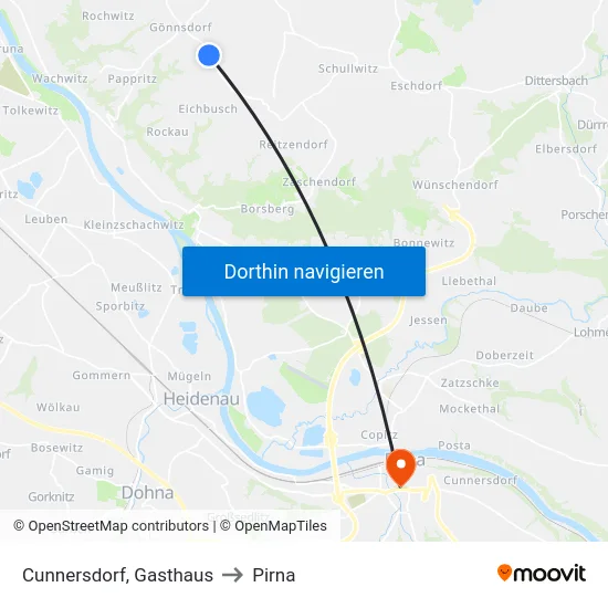Cunnersdorf, Gasthaus to Pirna map