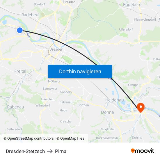 Dresden-Stetzsch to Pirna map