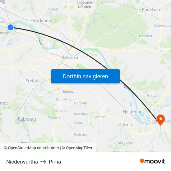 Niederwartha to Pirna map
