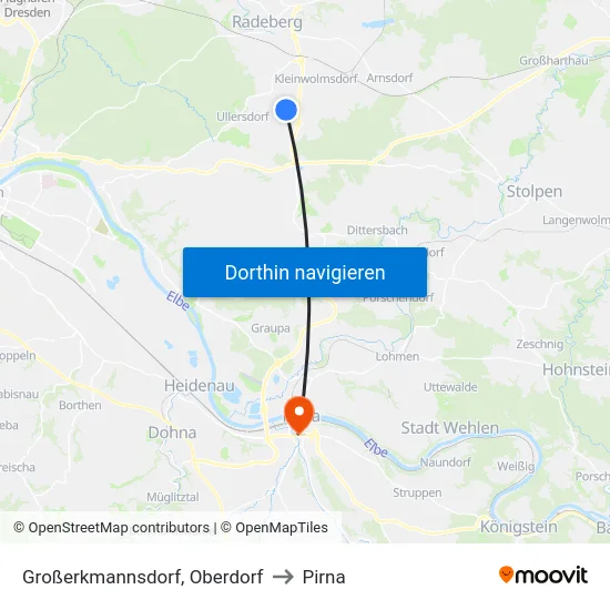 Großerkmannsdorf, Oberdorf to Pirna map