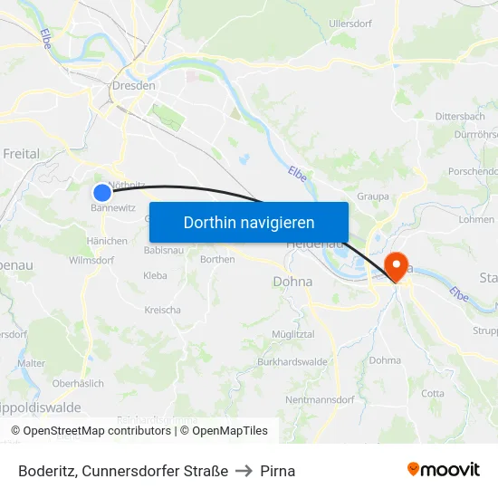 Boderitz, Cunnersdorfer Straße to Pirna map