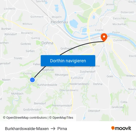 Burkhardswalde-Maxen to Pirna map