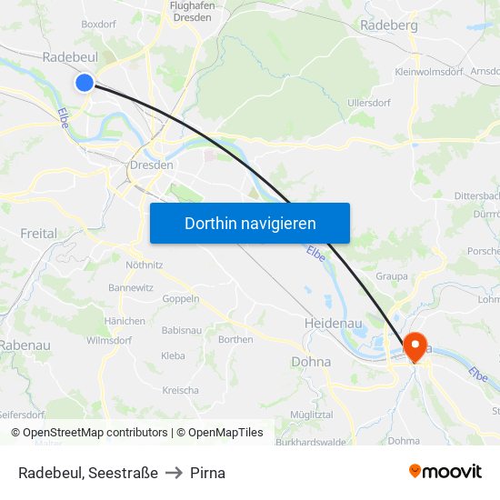 Radebeul, Seestraße to Pirna map