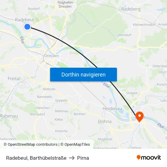 Radebeul, Barthübelstraße to Pirna map
