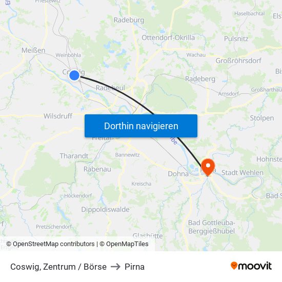 Coswig, Zentrum / Börse to Pirna map