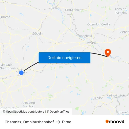 Chemnitz, Omnibusbahnhof to Pirna map
