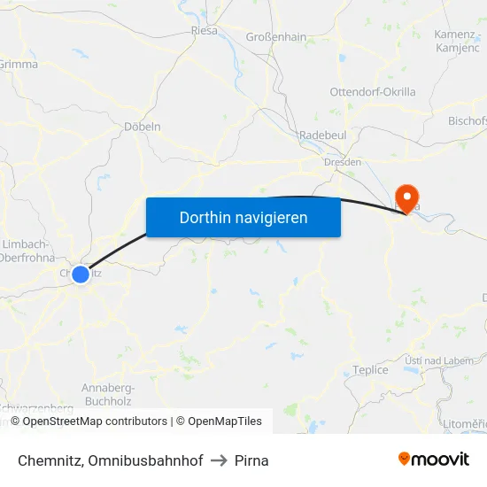 Chemnitz, Omnibusbahnhof to Pirna map