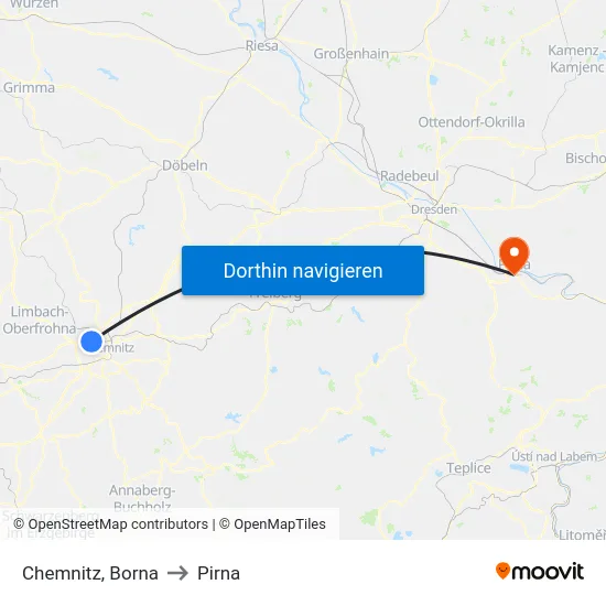Chemnitz, Borna to Pirna map