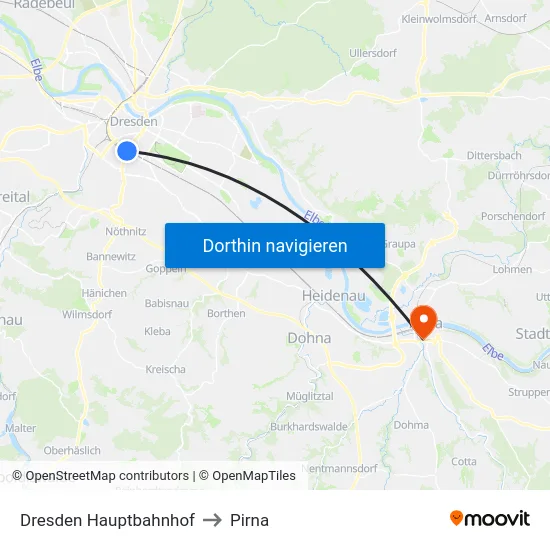 Dresden Hauptbahnhof to Pirna map