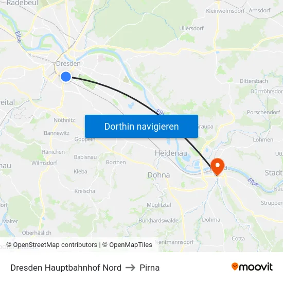 Dresden Hauptbahnhof Nord to Pirna map