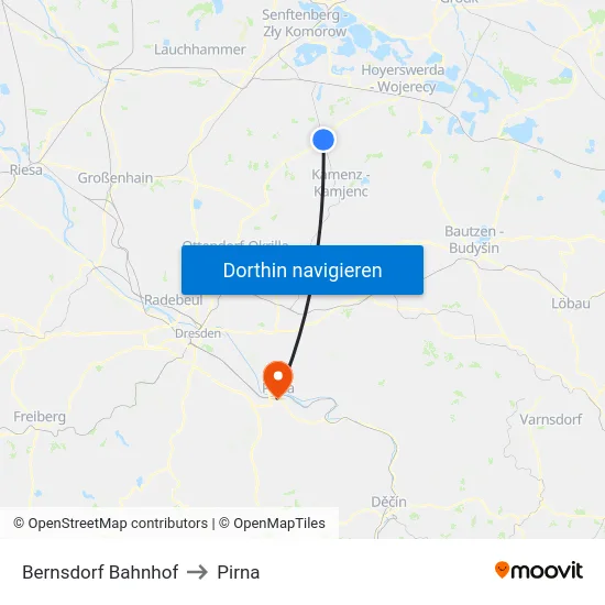 Bernsdorf Bahnhof to Pirna map