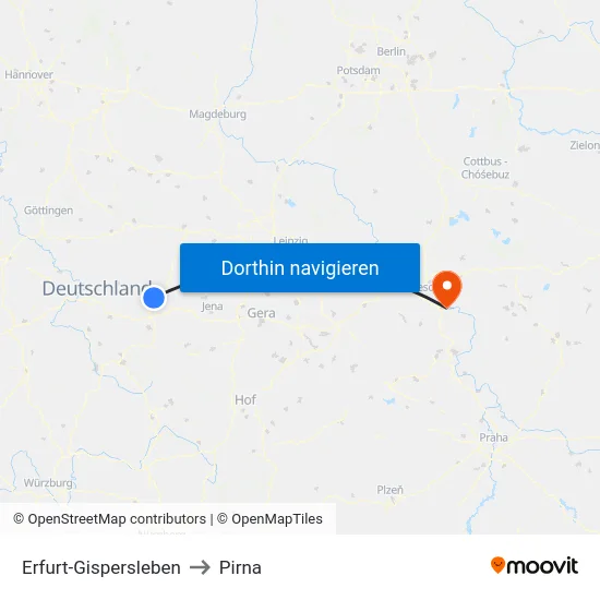 Erfurt-Gispersleben to Pirna map