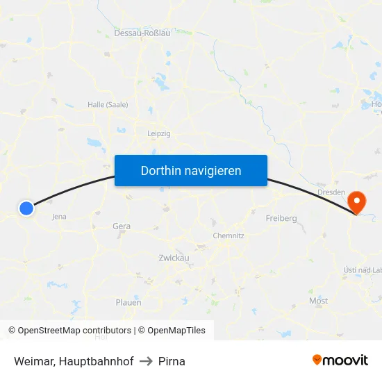 Weimar, Hauptbahnhof to Pirna map