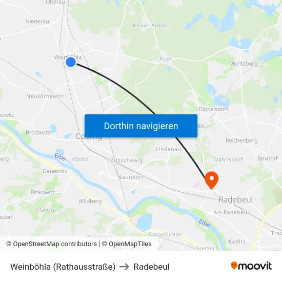 Weinböhla (Rathausstraße) to Radebeul map