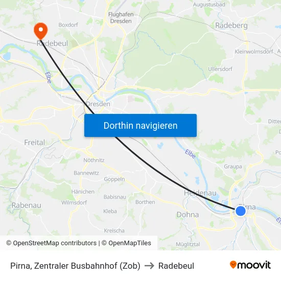 Pirna, Zentraler Busbahnhof (Zob) to Radebeul map
