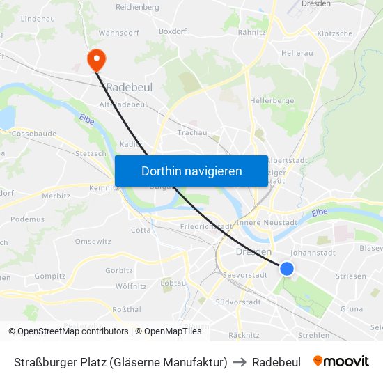 Straßburger Platz (Gläserne Manufaktur) to Radebeul map