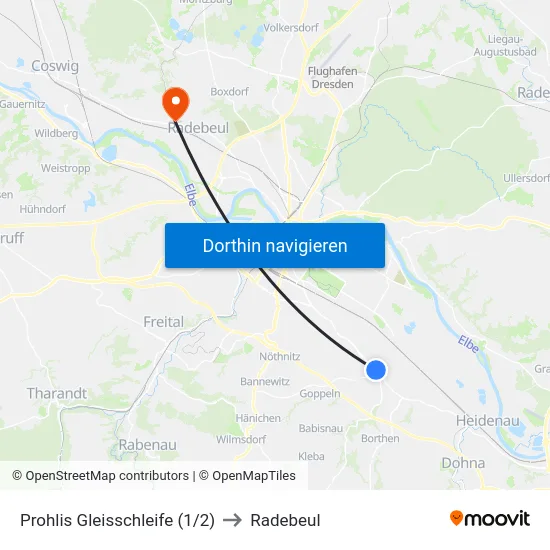 Prohlis Gleisschleife (1/2) to Radebeul map