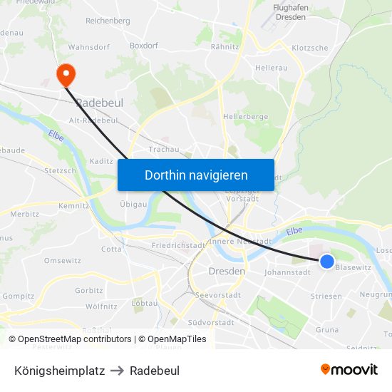 Königsheimplatz to Radebeul map