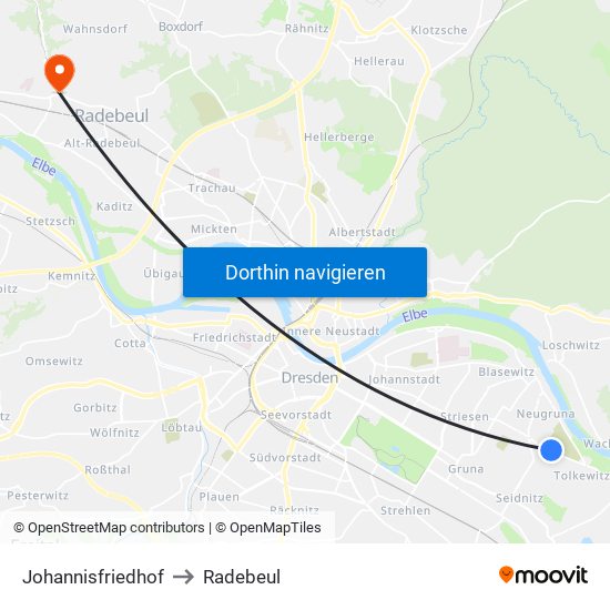 Johannisfriedhof to Radebeul map