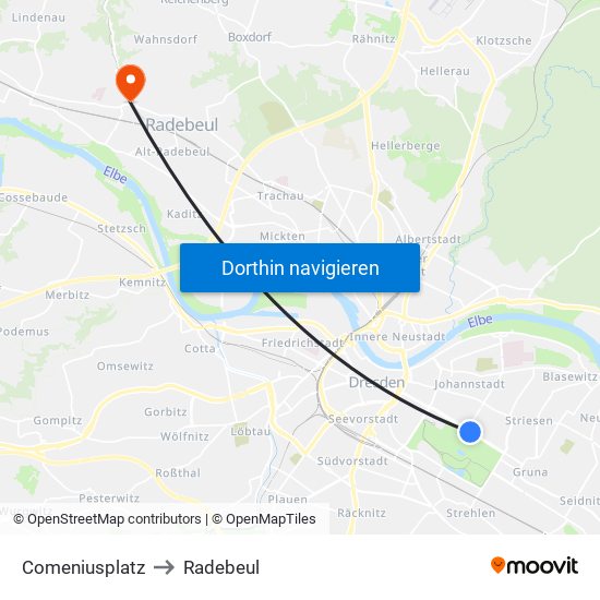 Comeniusplatz to Radebeul map
