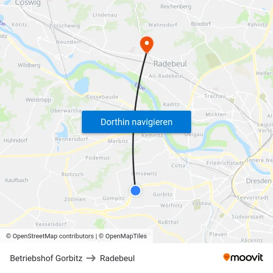 Betriebshof Gorbitz to Radebeul map