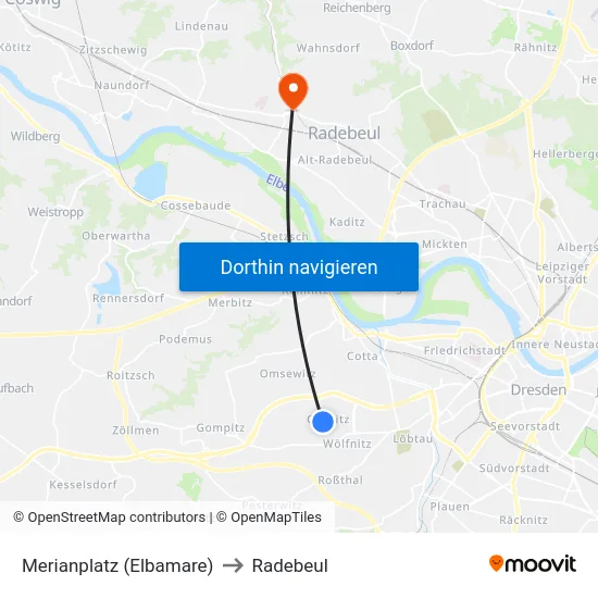 Merianplatz (Elbamare) to Radebeul map