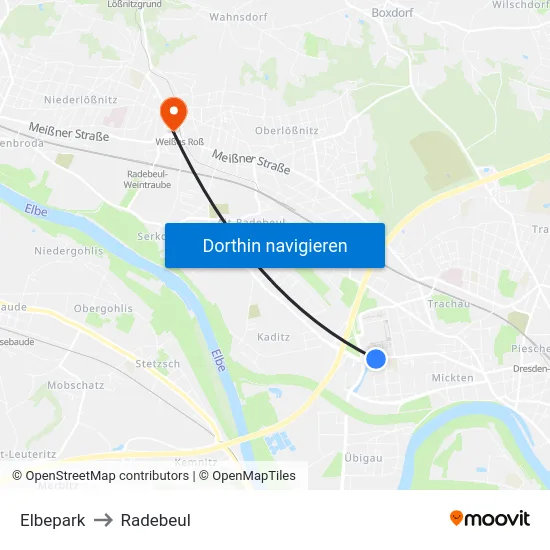 Elbepark to Radebeul map