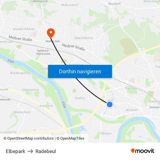 Elbepark to Radebeul map