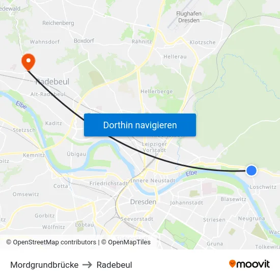 Mordgrundbrücke to Radebeul map