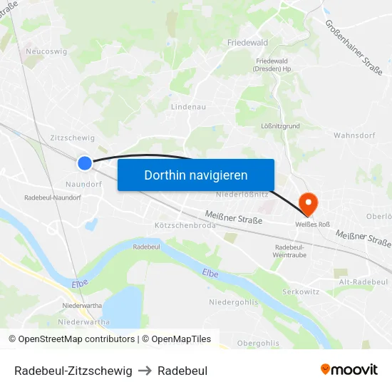 Radebeul-Zitzschewig to Radebeul map