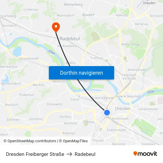 Dresden Freiberger Straße to Radebeul map