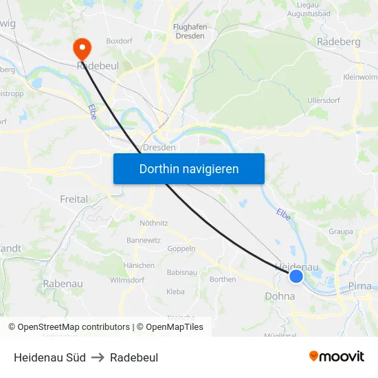 Heidenau Süd to Radebeul map