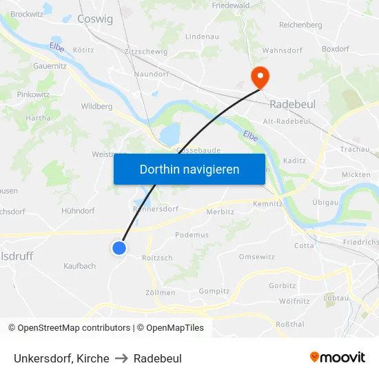 Unkersdorf, Kirche to Radebeul map
