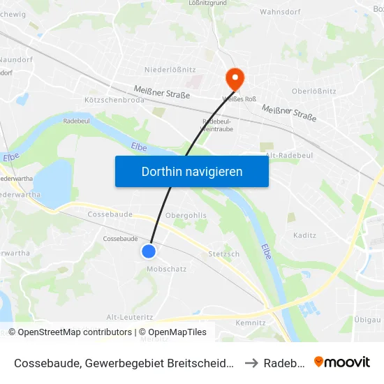Cossebaude, Gewerbegebiet Breitscheidstraße to Radebeul map