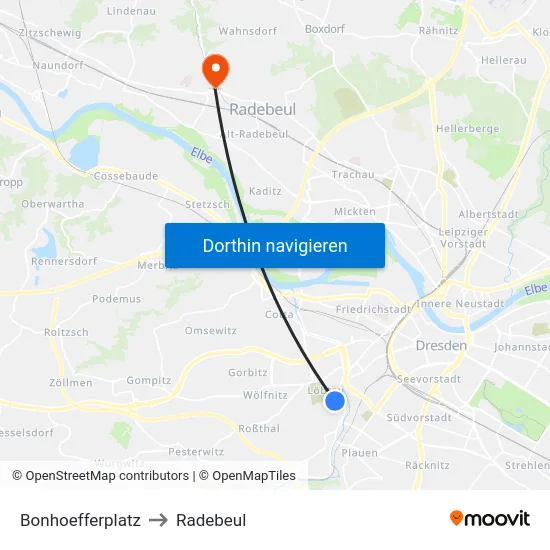 Bonhoefferplatz to Radebeul map