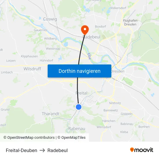 Freital-Deuben to Radebeul map