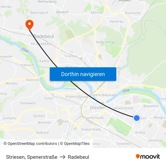 Striesen, Spenerstraße to Radebeul map