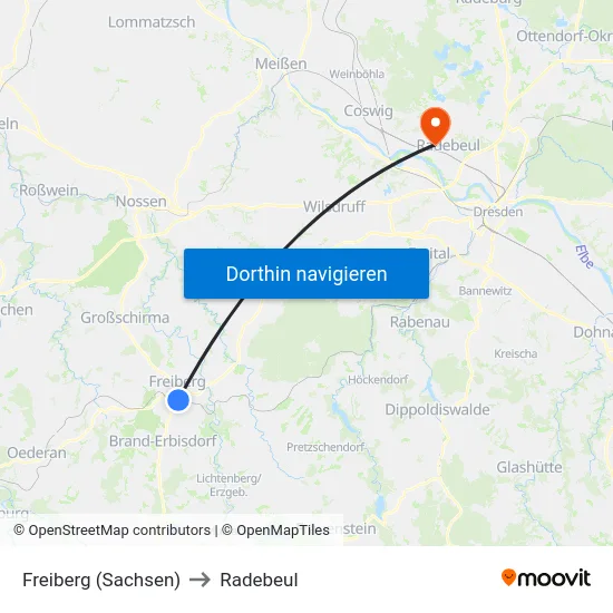 Freiberg (Sachsen) to Radebeul map