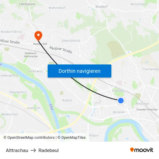 Alttrachau to Radebeul map