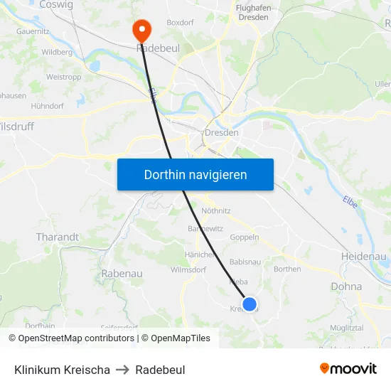 Klinikum Kreischa to Radebeul map