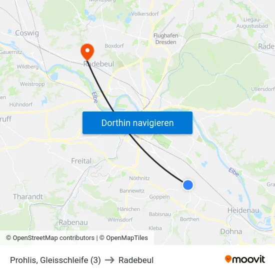 Prohlis, Gleisschleife (3) to Radebeul map