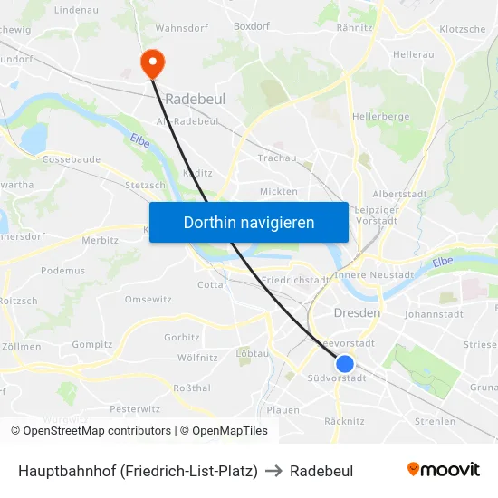 Hauptbahnhof (Friedrich-List-Platz) to Radebeul map