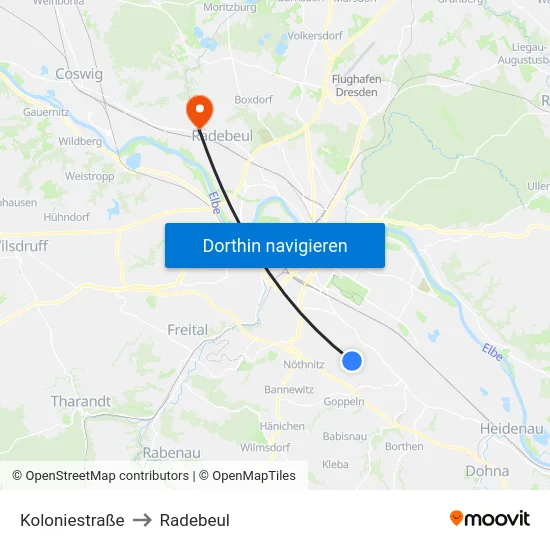 Koloniestraße to Radebeul map