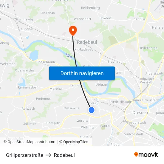 Grillparzerstraße to Radebeul map
