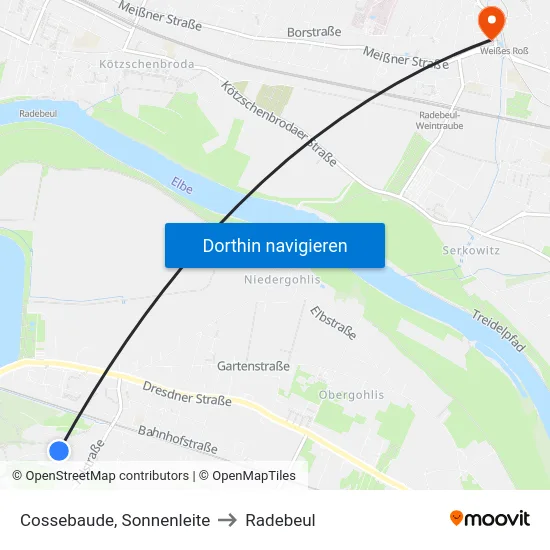 Cossebaude, Sonnenleite to Radebeul map