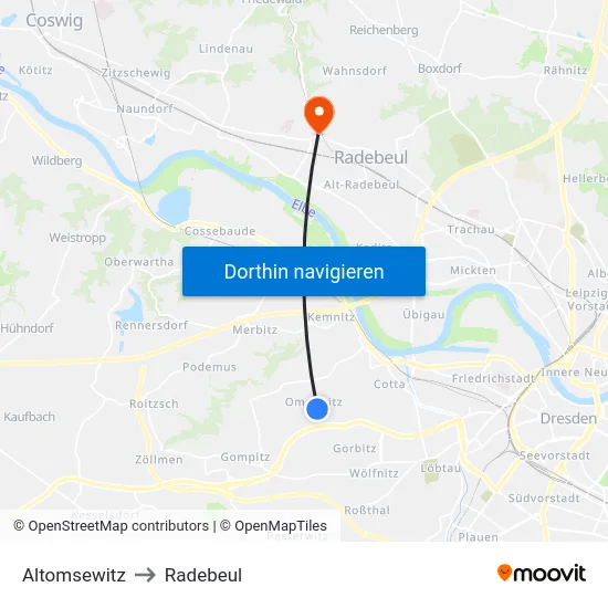 Altomsewitz to Radebeul map